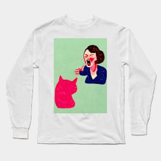 Woman Yelling At Cat Meme Retro Poster Vintage Art Illustration Wall Meme Pink Illustration Long Sleeve T-Shirt